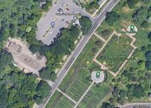 An aerial view of the Lyndale Park rose garden maintenance shed